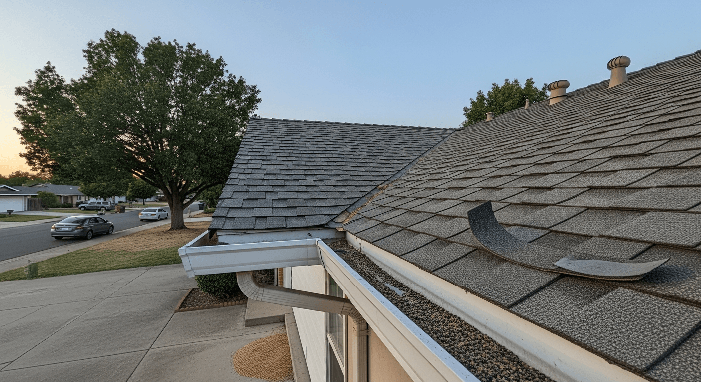 View from a Northern California driveway showing a suburban roof with granule accumulation in the gutter and a downspout