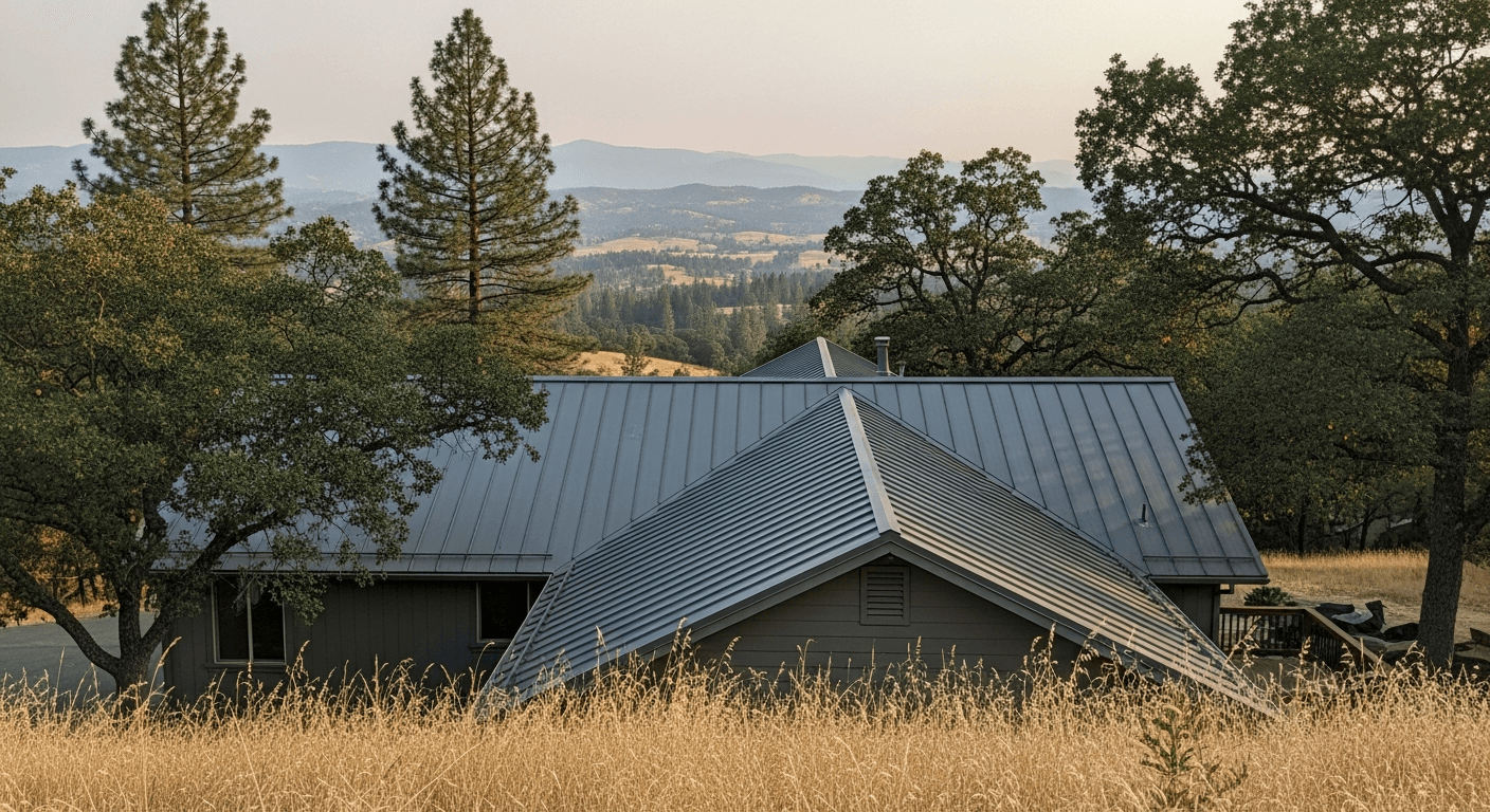 Foothill home in Placer County with a Class A standing-seam metal roof, surrounded by oaks and pines
