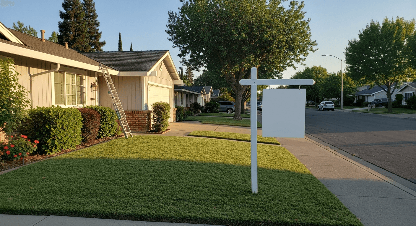 Northern California suburban home with a blank for-sale sign in the front yard and an inspection ladder against the eave