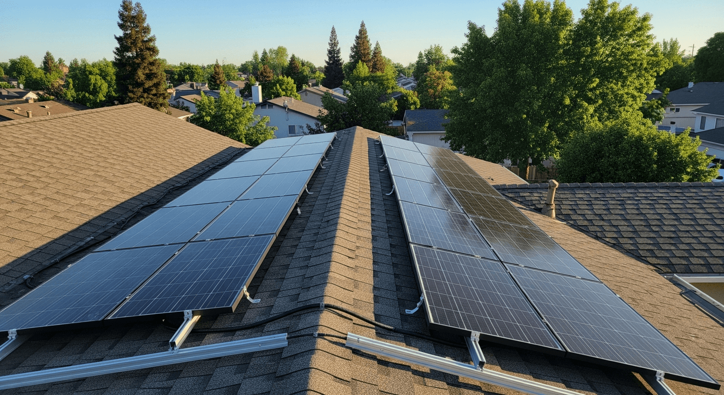 Black monocrystalline solar panels mounted on a Northern California composition shingle roof