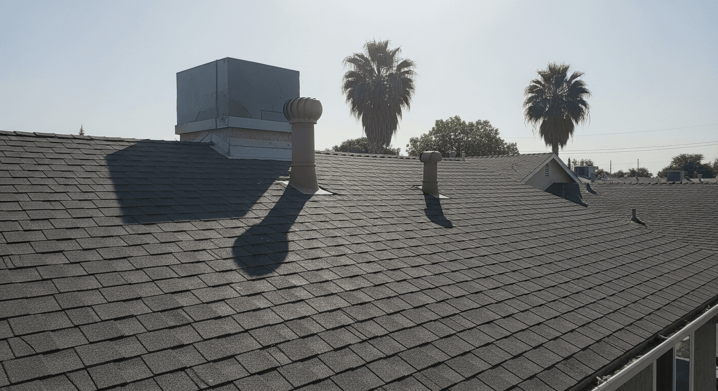 Northern California residential composition shingle roof baking in harsh midday summer sun with vent stacks casting strong shadows
