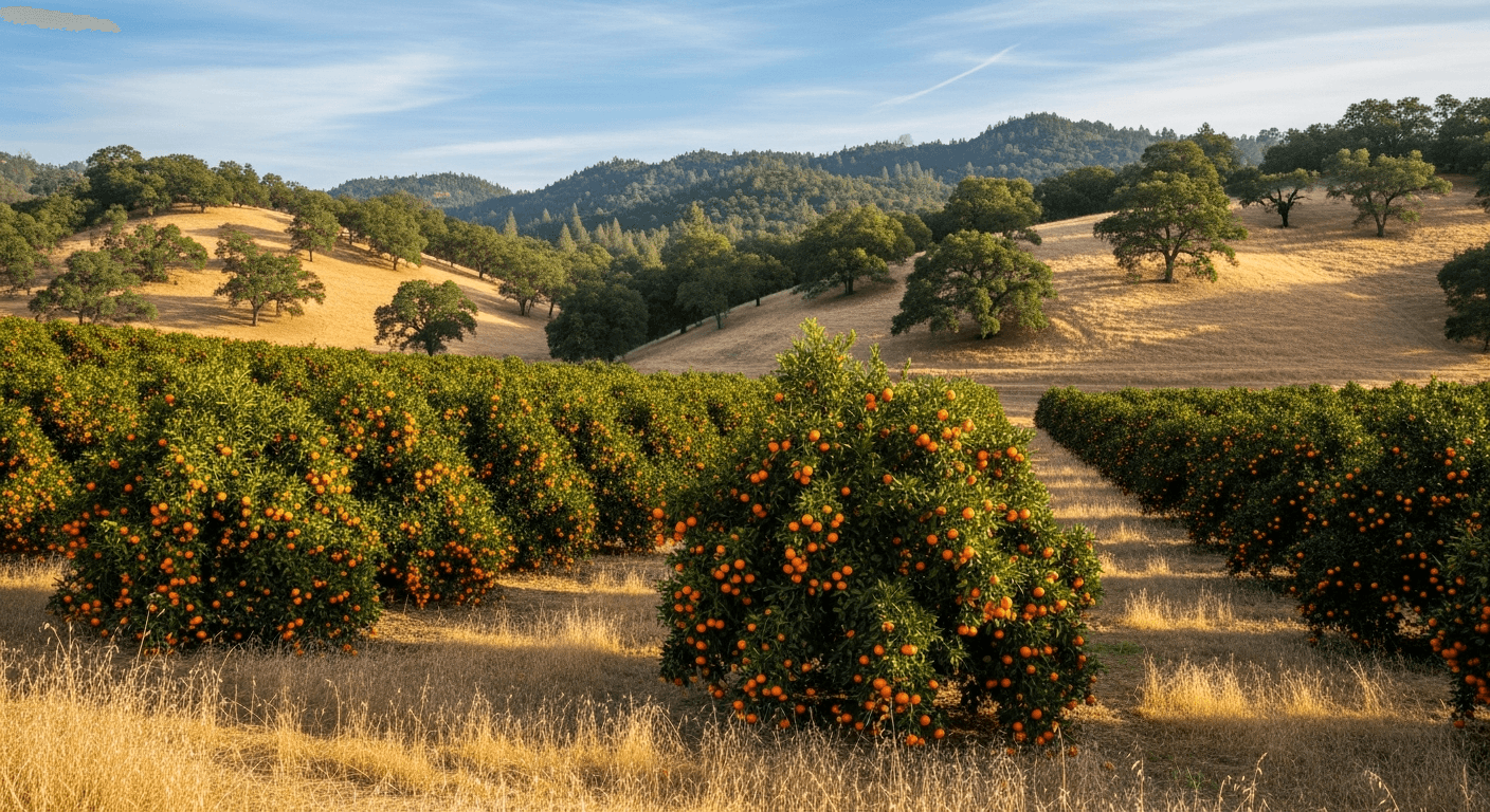 Mandarin orange orchards in the Sierra foothills around Newcastle, CA — KTN Roofing service area